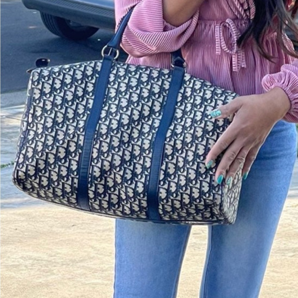 Large ❤️Dior Navy Blue Trotter Pattern Boston Satchel 2 way Handbag 👜 🔥♥️